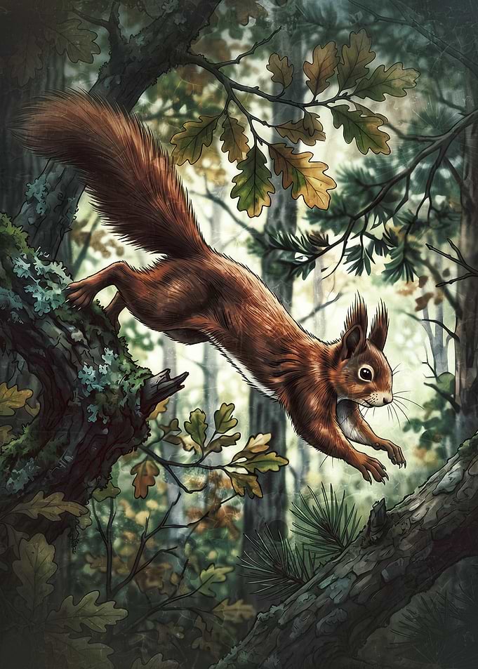 Red Squirrel Leaping Through Forest