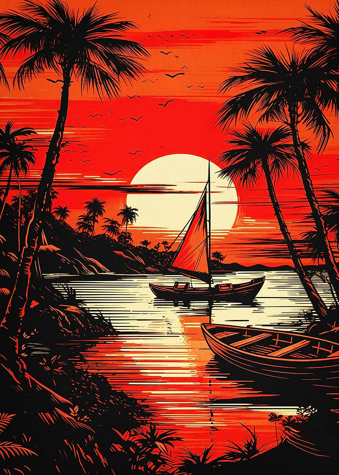 Sunset Boat Tropical Island Art