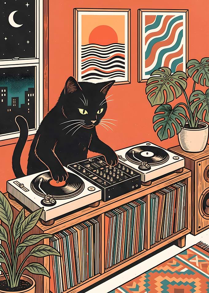 Black Cat DJ Playing Vinyl Records