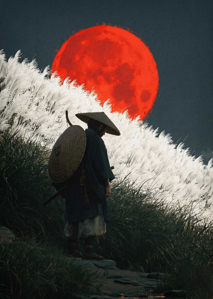 Samurai Red Moon Japanese Art Poste