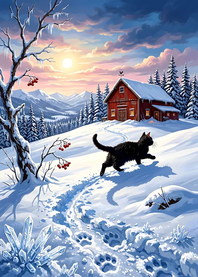 Black Cat in Snowy Winter Landscape