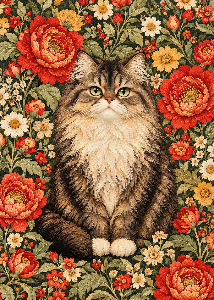 Fluffy Tabby Cat Amidst Floral Tapestry