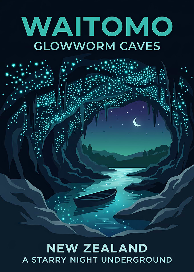 Waitomo Glowworm Caves Travel Poster
