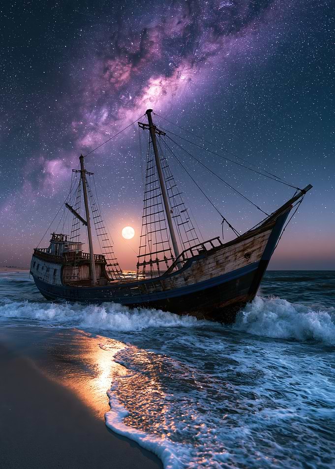 Shipwreck Under a Purple Milky Way