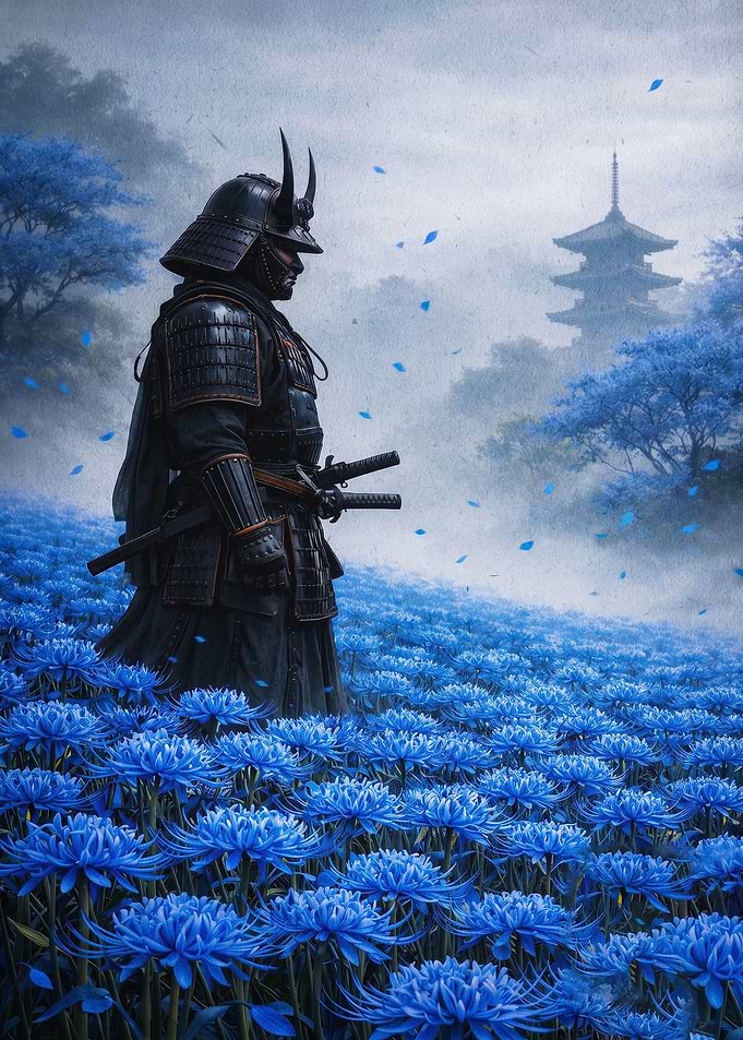 Samurai Blue Flowers Epic Art