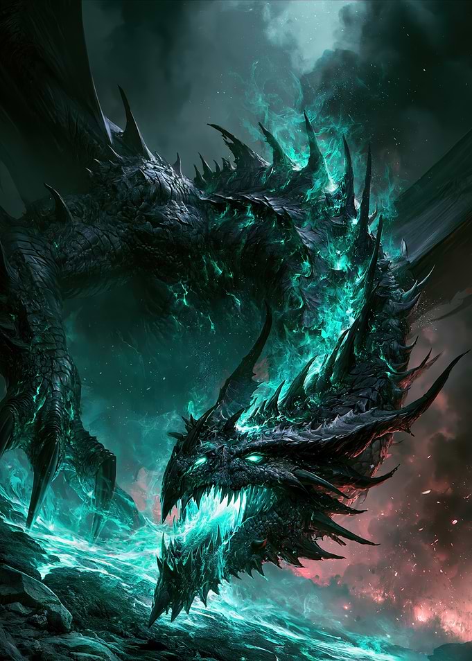 Ethereal Dark Dragon with Cyan Flames