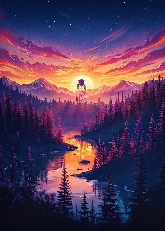 Sunset Valley Neon Forest Art