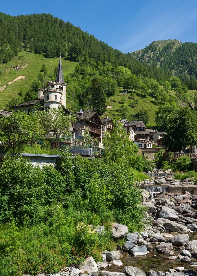 Alpine Village with Church and Stream