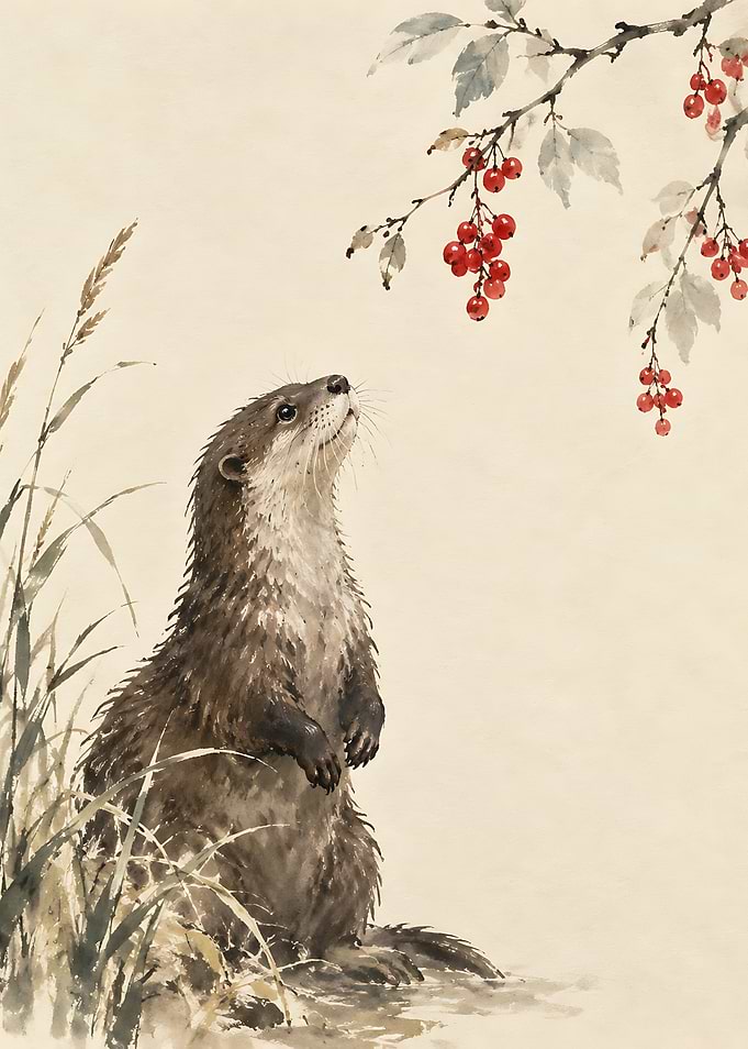 Watercolor Otter Looking at Red Berries