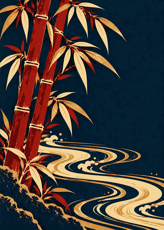 Crimson Bamboo and Golden Waves