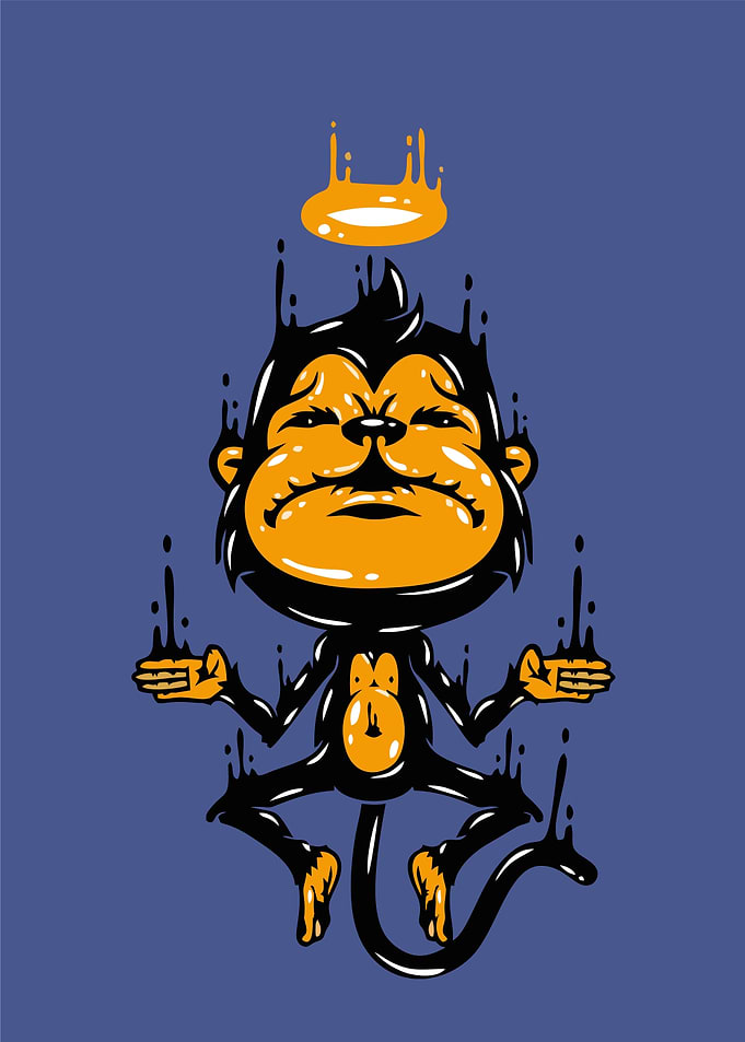 Meditating Monkey with Ink Drip Effect