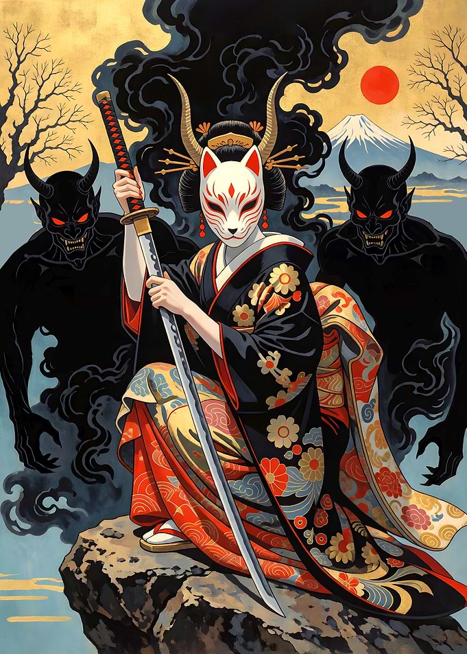 Samurai Geisha in a Kitsune Mask with Oni Spirits