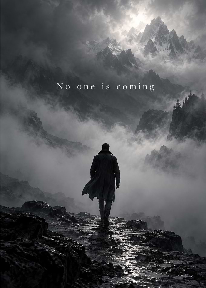 Lone Traveler in Misty Mountains