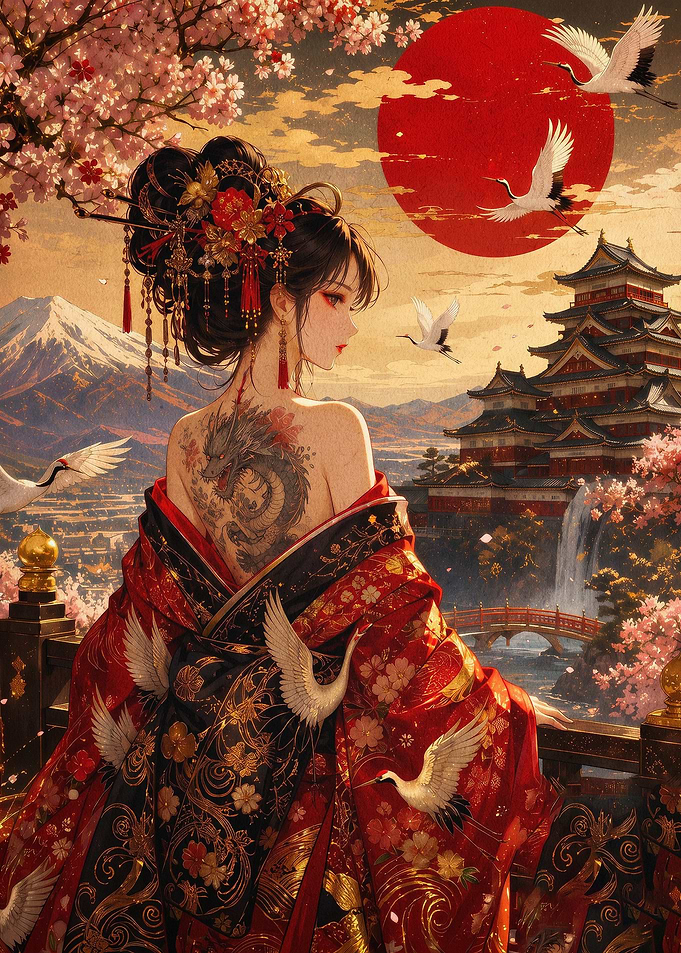 Japanese Geisha Dragon Art Poster