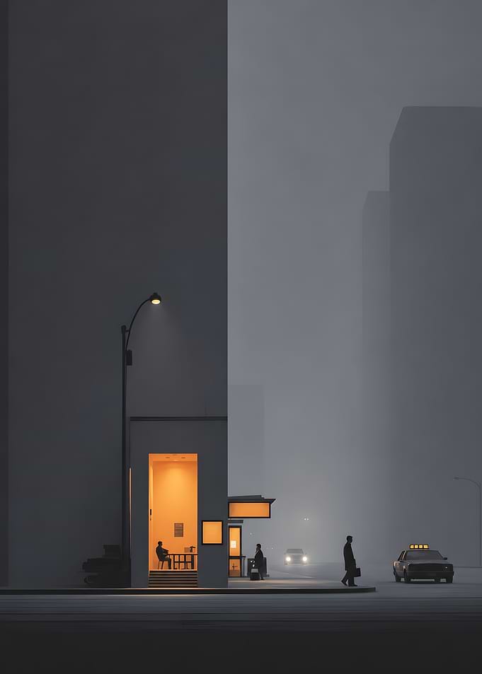 Foggy City Corner Cafe Night Minimalist Art