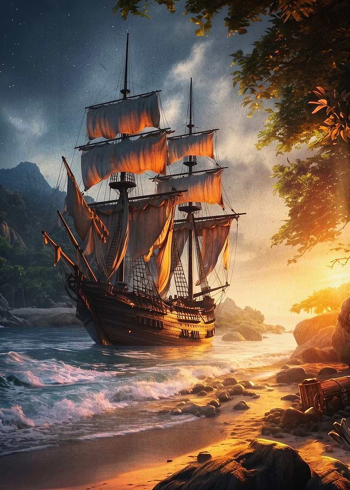 Pirate Ship Sunset Coastal Fantasy