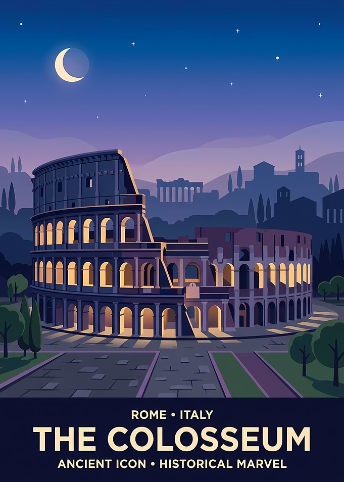 Colosseum Rome Night Travel Poster
