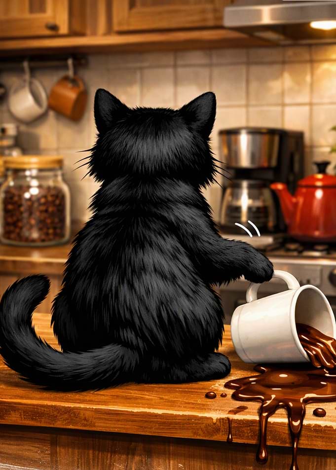 Funny Black Cat Spilling Coffee
