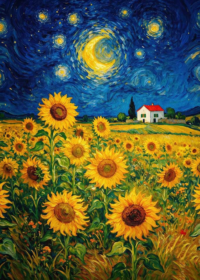 Starry Night Sunflower Field Art