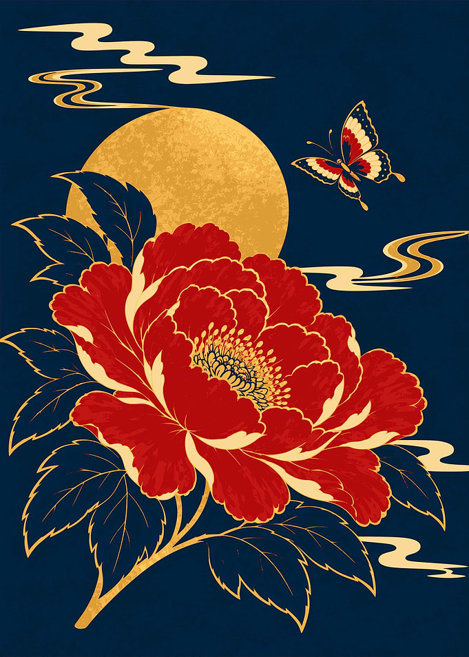 Red Peony and Butterfly Beneath a Golden Moon