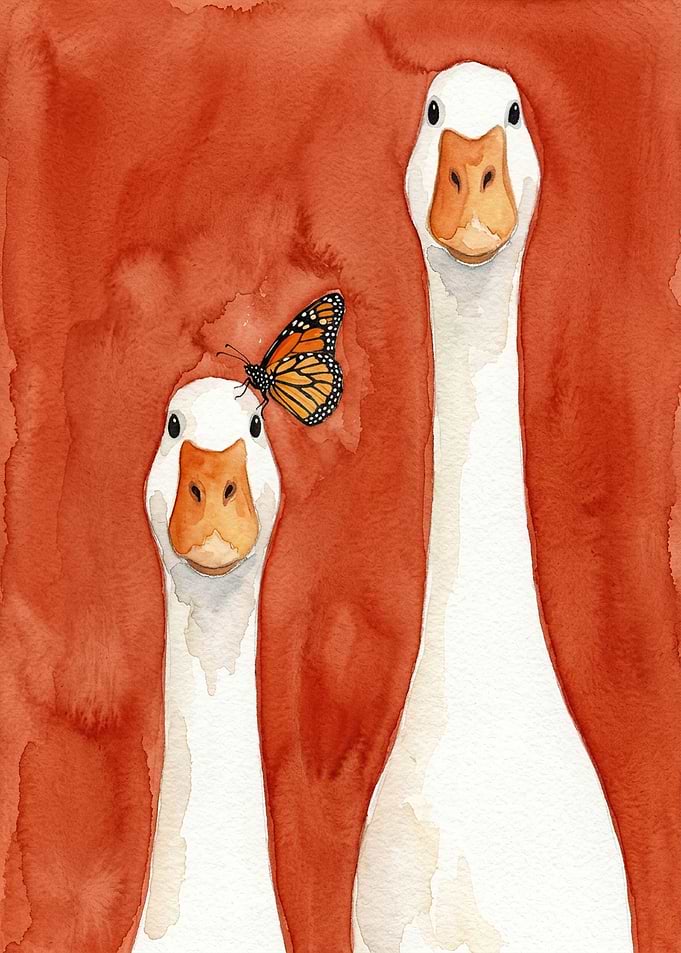 Two Geese with a Monarch Butterfly