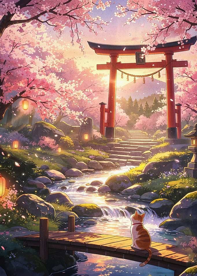 Cat Shrine Cherry Blossom Anime Art