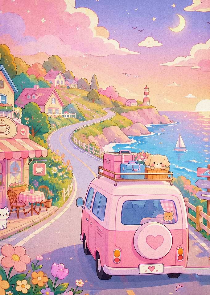 Pink Van Coastal Sunset Art Poster