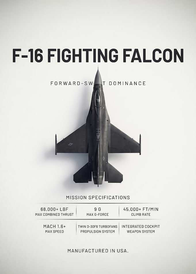 black sleek F16 Fighting Falcon Technical Poster