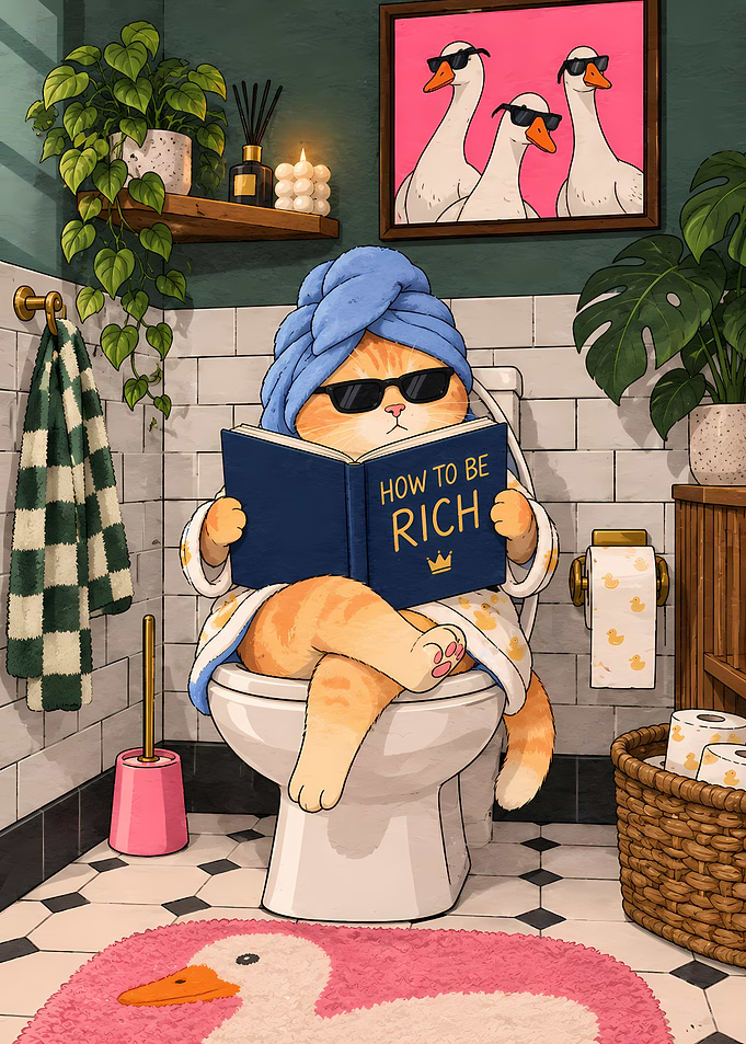 Funny Cat Reading on Toilet