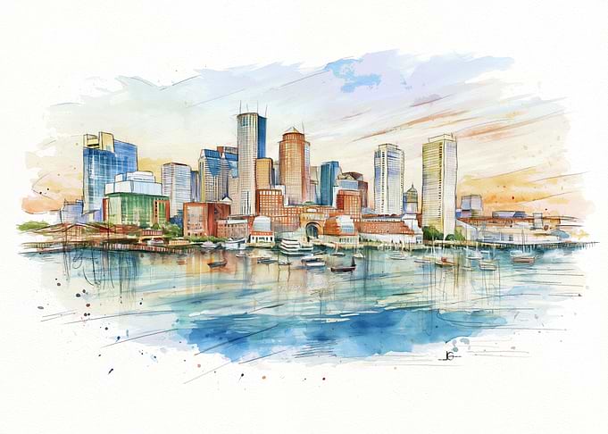 Watercolor Boston Skyline Harbor View