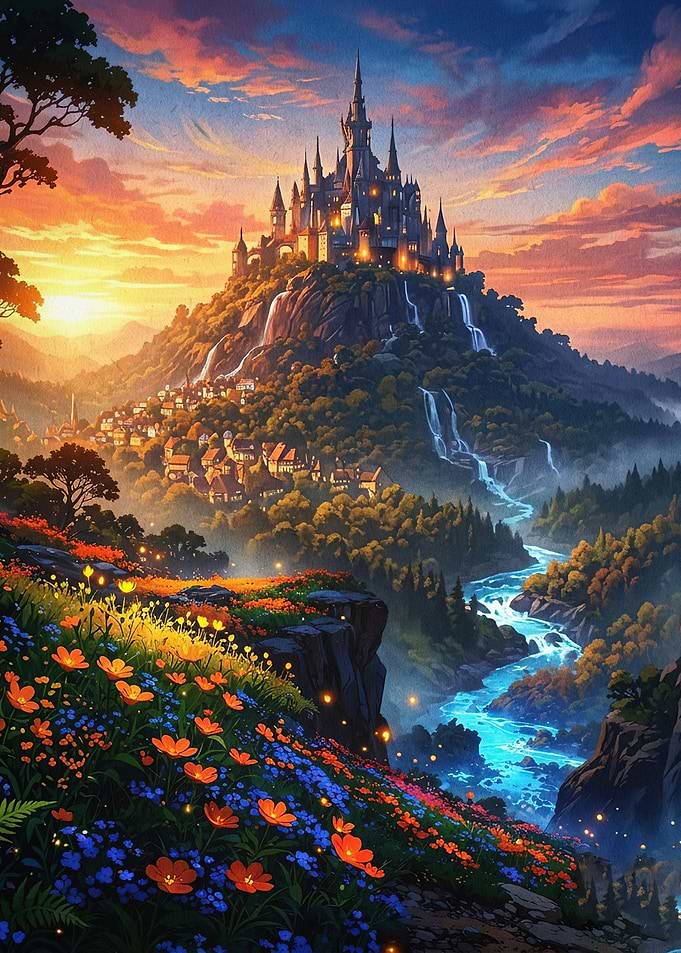 Fantasy Castle Mountain Sunset Art