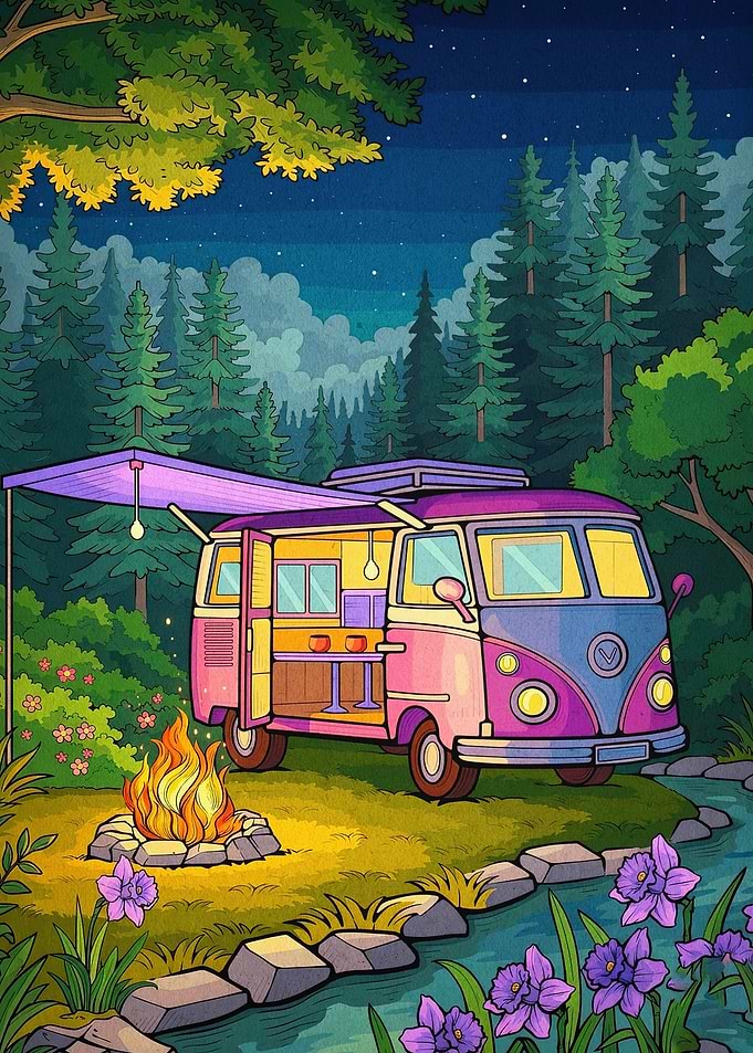 Camper Van Forest Night Retro Art