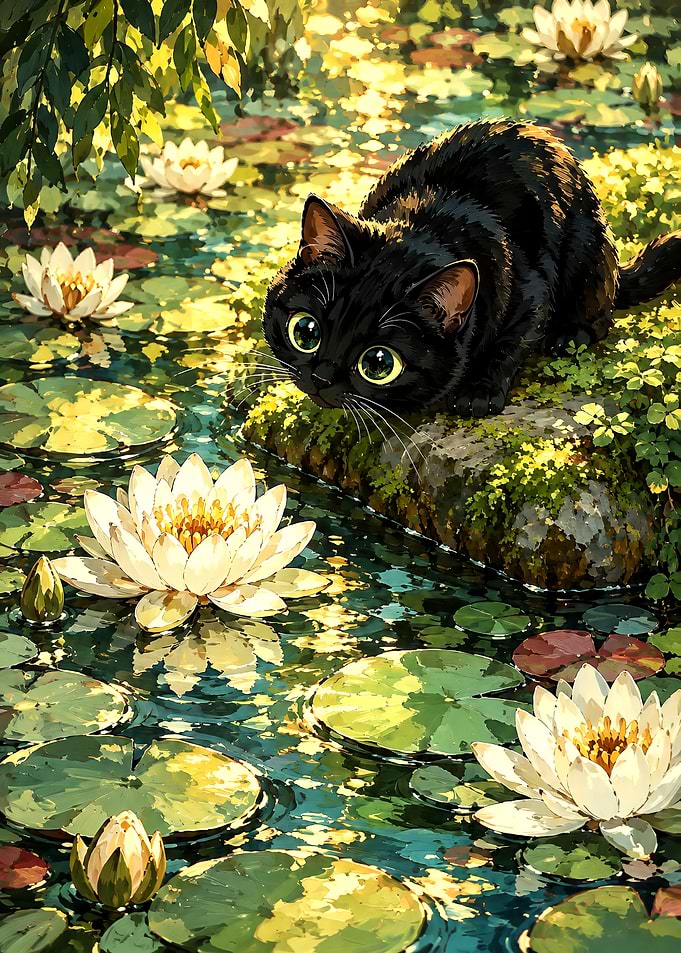 Black Cat by Water Lilies
