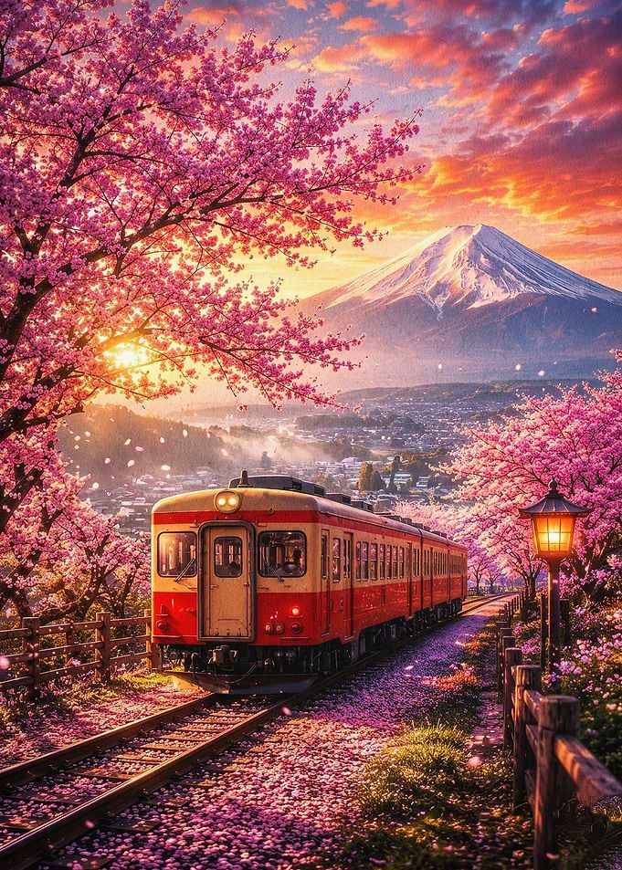 Japan Train Mount Fuji Spring Art