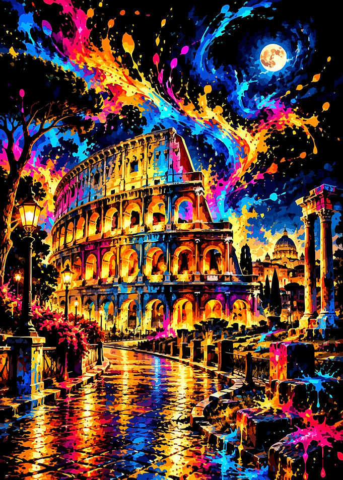 Colorful Abstract Colosseum Night Scene