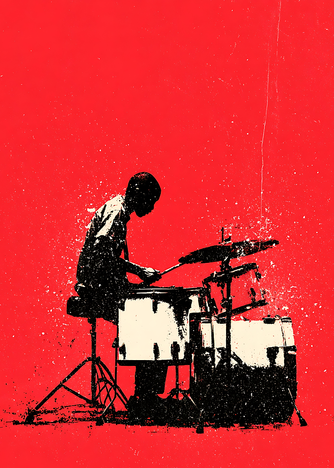 Drummer Silhouette on Red Background