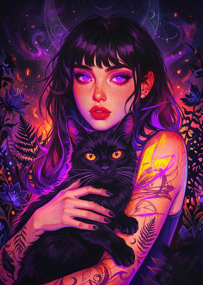 Witch Cat Neon Magic Art Poster