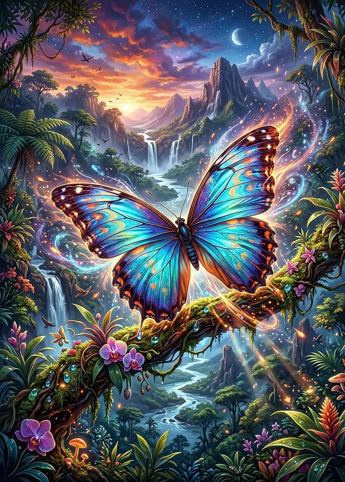 Magical Blue Butterfly in Enchanted Forest