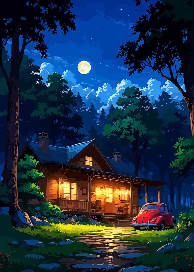 Cozy Cabin Under Moonlight