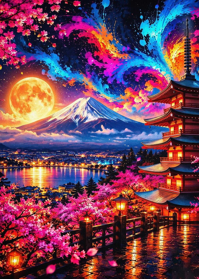 Japan Sakura Night Mount Fuji