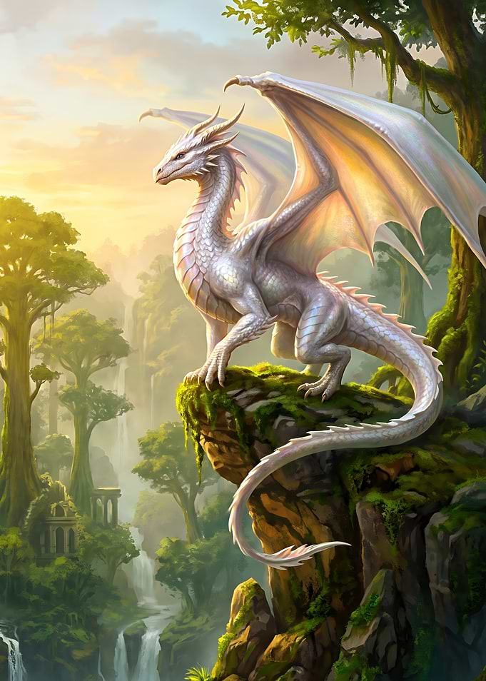 Majestic White Dragon on Cliff