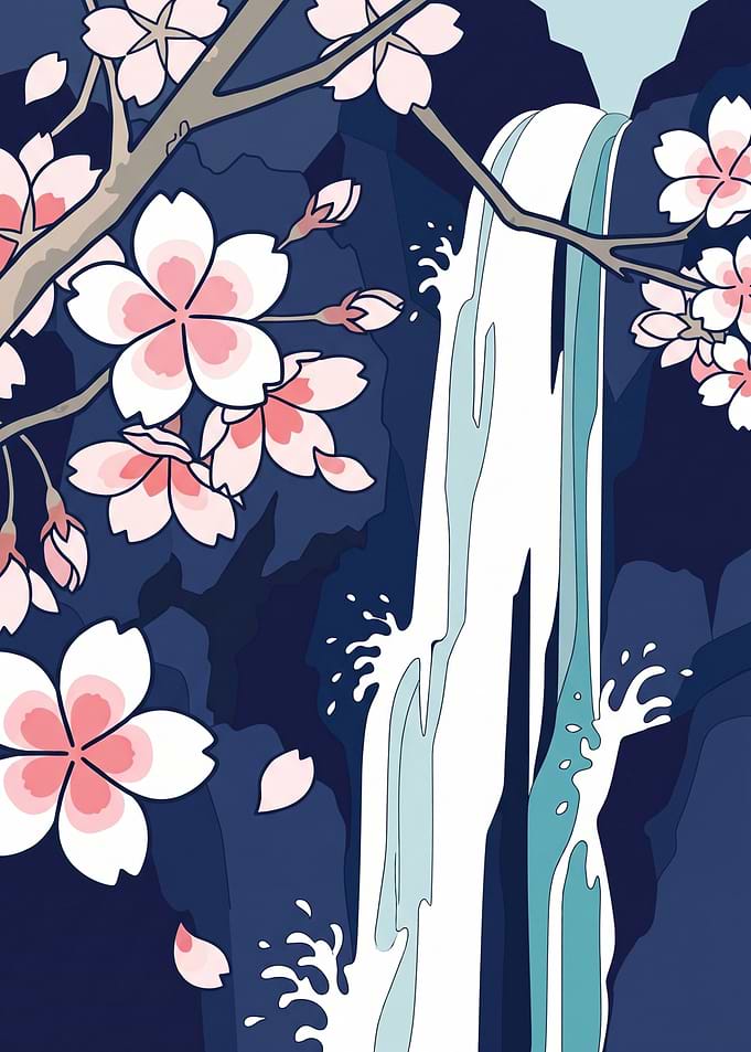 Sakura — Cherry Blossoms and Waterfall