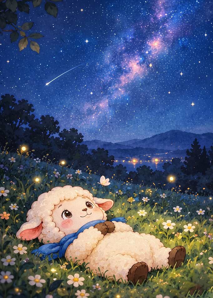 Cute Sheep Starry Night Art