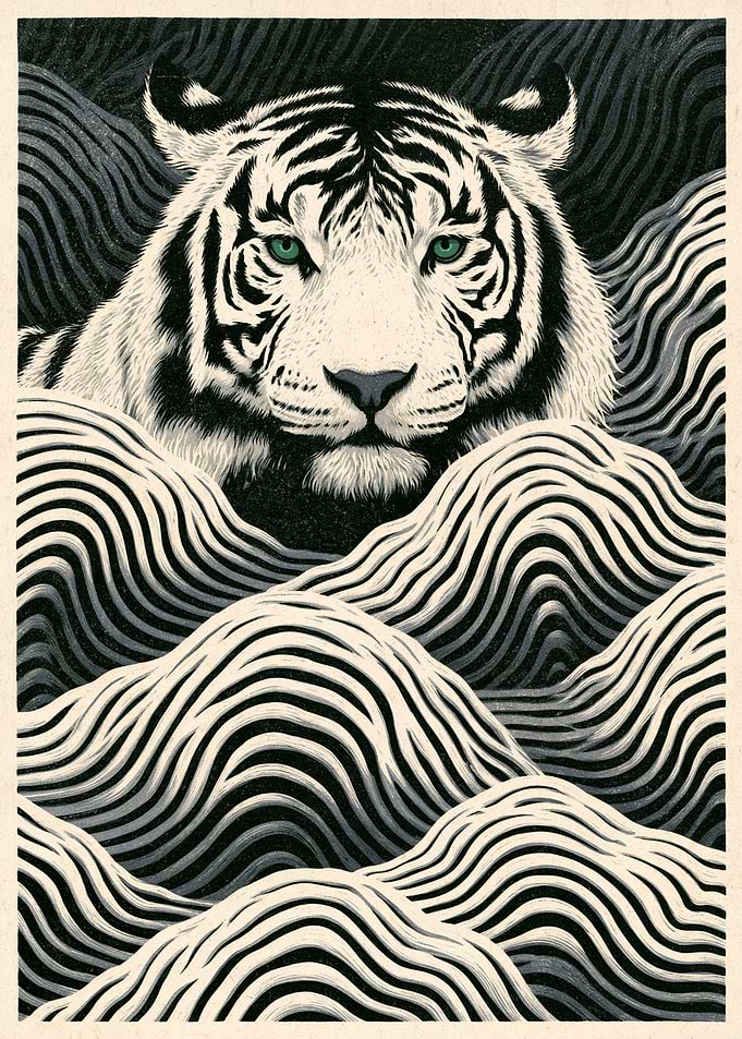 White Tiger in Abstract Waves
