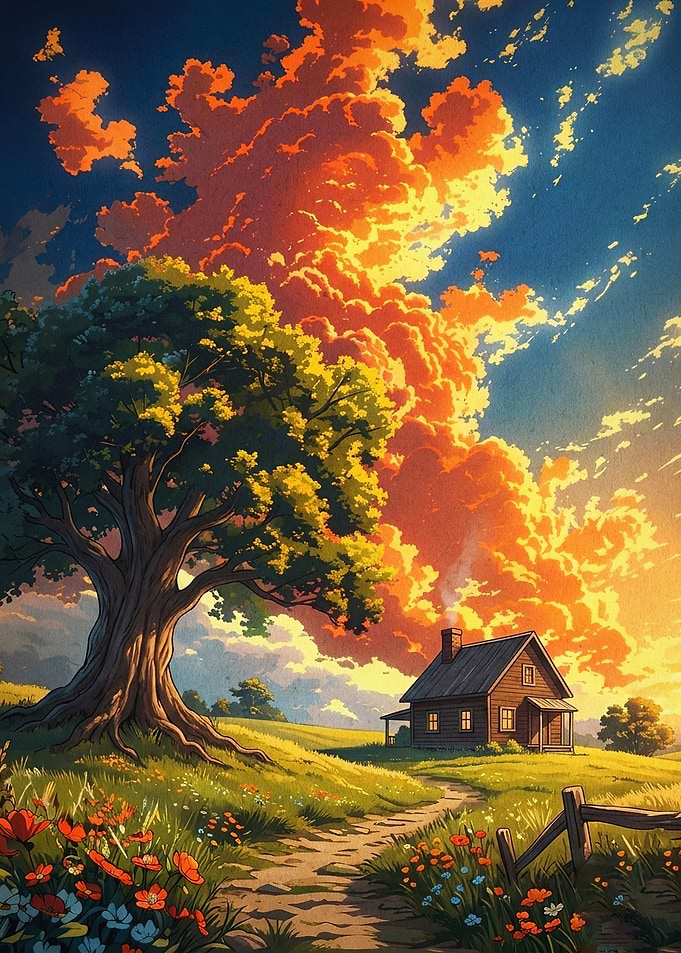 Sunset Tree Country House Anime