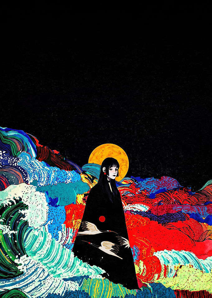 Woman in Crane Kimono Under Moon