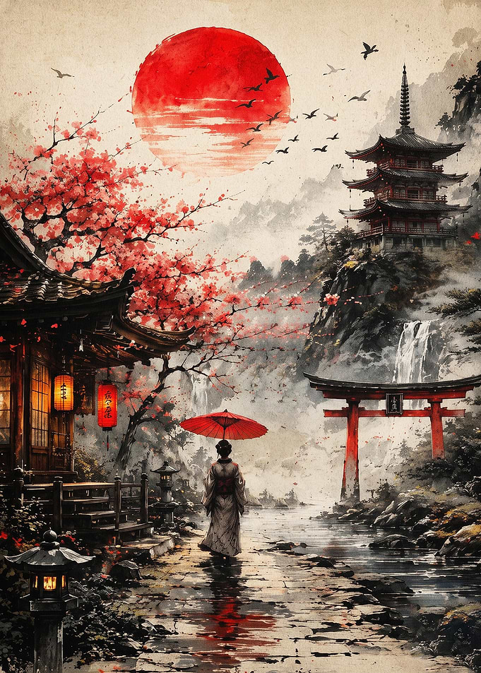 Japanese Pagoda Red Sun Art Poster