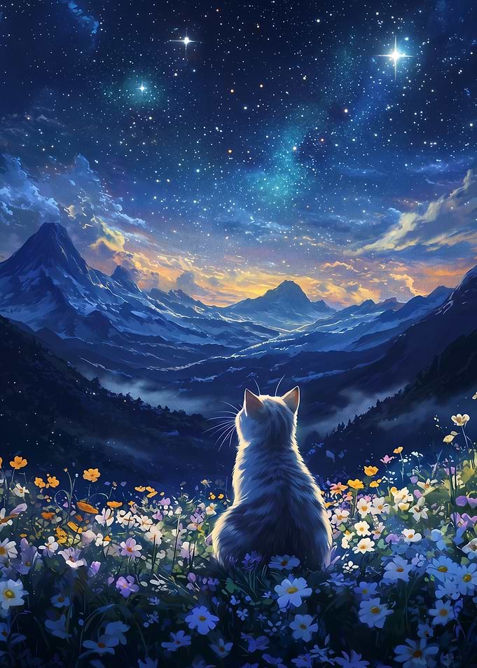 Cat gazing at starry mountain landscape