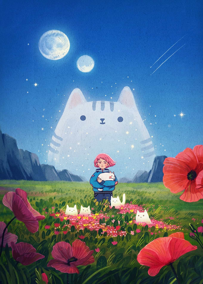 Giant Cat Night Sky Fantasy Art