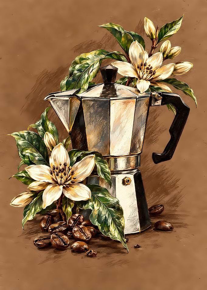 Moka Pot with Coffee Blossoms